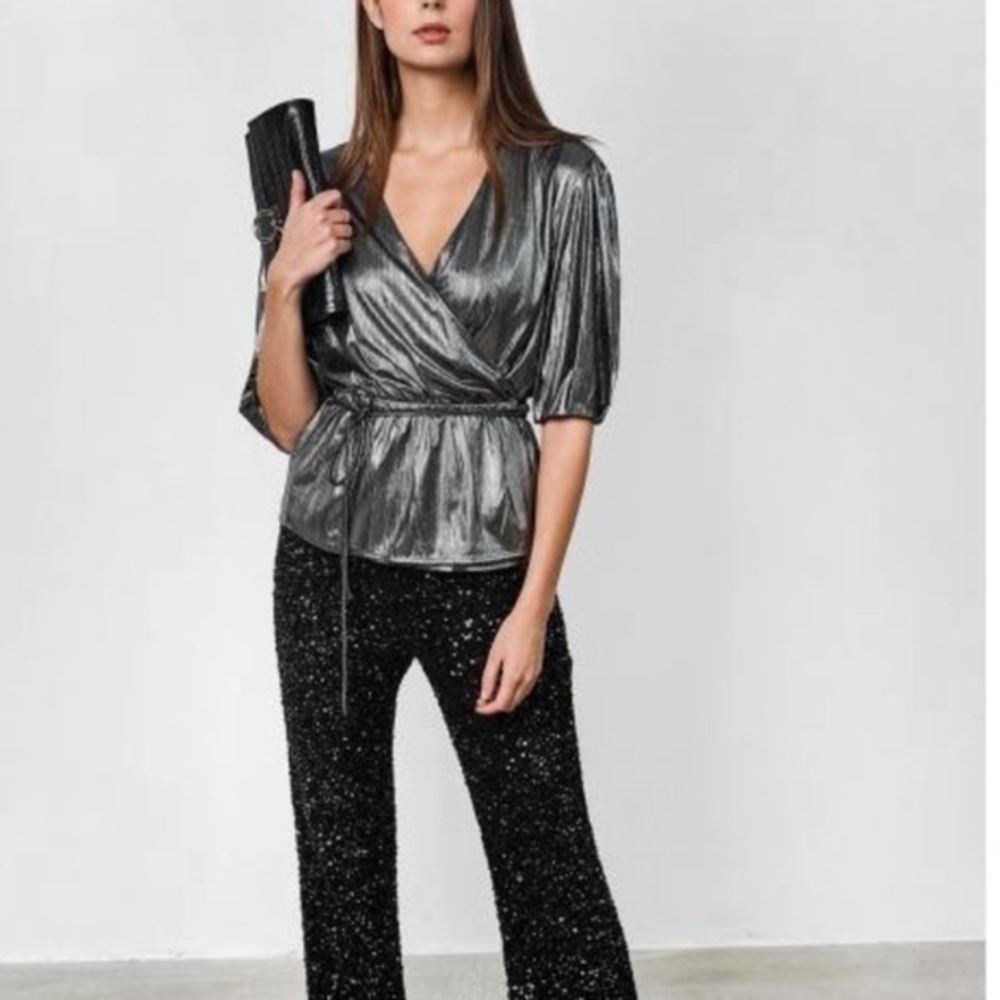 Rebecca Minkoff Silver Mary  Metallic Wrap Top Size Smal